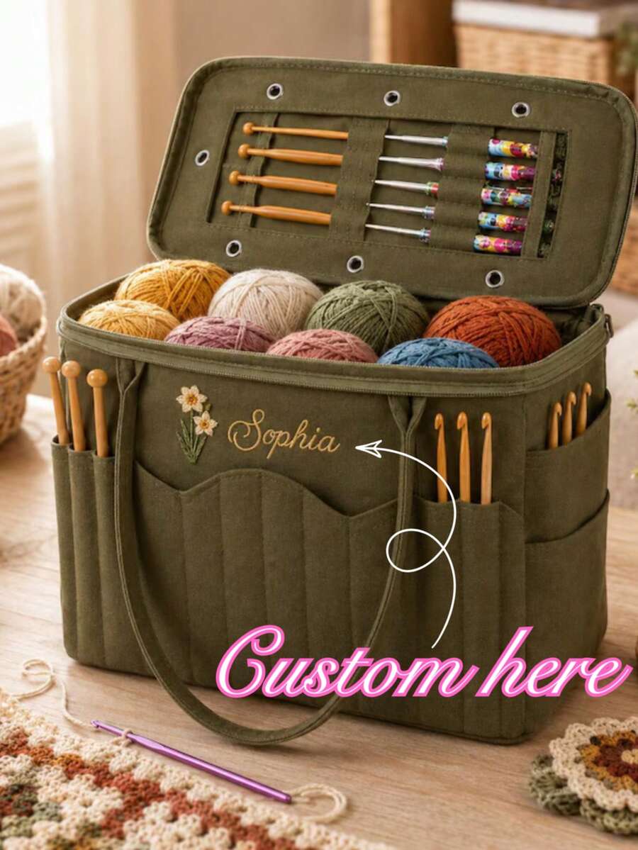 1pc Personalized Name Embroidered Knitting Tool Storage Bag, Large Capacity Yarn Storage Bag, Crochet & Knitting Needle Tool Organizer Bag, Multi-Functional Handmade DIY Knitting Bag, Canvas Portable Craft Supplies Storage Box With Partitioned Pocket Design, Suitable For Knitting Enthusiasts, Handmade Crafts, Birthday Gifts, Holiday Gifts - Multicolor - View 1