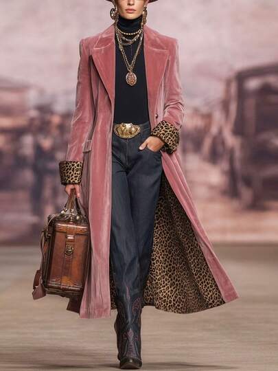 2026 Women's Dusty Pink Long Trench Coat, Lapel Collar Single Breasted Coat With Leopard Print Lining, Elegant Long Outerwear For Western Style Daily