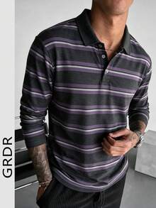 GRDR Men's American Vintage Long Sleeve Striped Print Polo Collar Shirt, Suitable For Commuting Wear - Dark Grey - View 5
