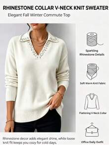 Plus Size Women's Rhinestone Lapel V-Neck Sweater, Long Sleeve Loose Fit Slimming Knit Pullover, Autumn/Winter Commute Casual Warm Top - Beige - View 7