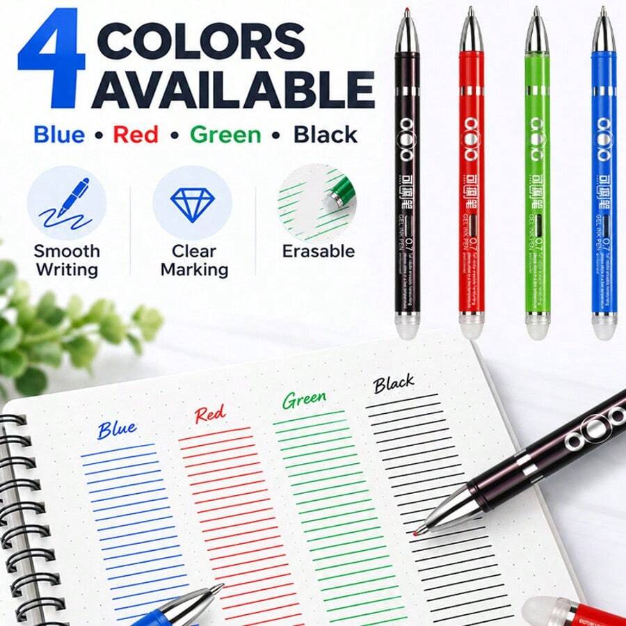 3pcs Neutral Pens, Erasable Gel Pens 0.7mm, Black Red Blue Green Multicolor Clickable Erasable Pens, Smooth Writing, Clear Handwriting, Erasable Without Leaving Traces, Not Easy To Stain Hands, Homework Practice Notebook Marking Colored Pens, Large Capacity Office And Study Stationery, Durable And Easy To Use, Essential Writing Tools For Back To School - Rectangle - View 1