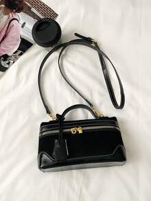 Dedoo 女款正方形斜挎包，純黑色，麂皮與人造皮革拼接，金色鎖扣與拉鍊，頂部手柄，復古奢華風，適合日常出遊、聚會，女用手提包 - 黑色 - 查看 9