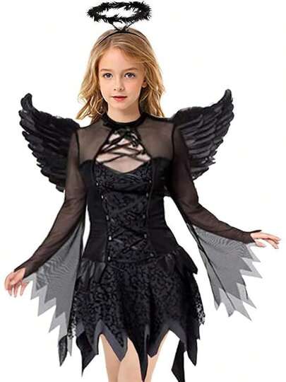 Girls Fallen Angel Dress For Halloween Costume With Black Wings