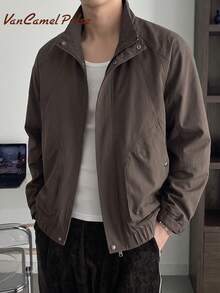 Vancamel Pulse Men's Solid Color Stand Collar Zip-Up Utility Outdoor Sports Jacket, Loose Drop Shoulder Large Pockets Lightweight Casual Short Jacket - Brown - View 2
