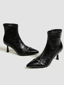 Women's Brown High Heel Ankle Boots, Ankle Boots, Elastic Slim Fit Boots, Chunky Heel Square Heel Boots - Black - View 5