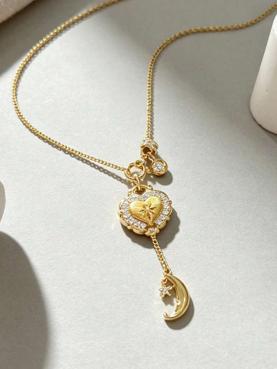 1pc Medieval Love Running Ring & Moon Necklace, Luxury Sparkling Diamond Necklace - Heart Running Ring Crescent Necklace - View 1