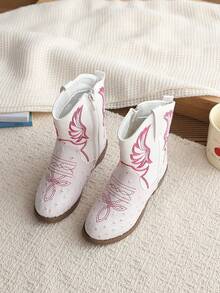 Girls' Pink Embroidered Western Cowboy Boots, Side Zipper Low Heel Retro Boots, Ankle Boots For Little Girls - Beige - View 2