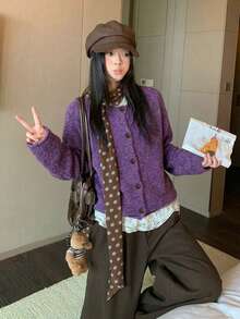 Solid Color Round Neck Cuffed Single-Breasted Knit Cardigan, Casual Commute Lazy Style Sweater Jacket - Purple - View 3