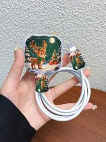 3件組波浪圖案充電線保護套 UV印刷聖誕元素 聖誕樹/雪景/馴鹿/禮物盒/鈴鐺圖案 適用於英國標準 20W Apple充電器保護套 透明防碎蓋 保護手機 3插頭充電器 充電配件 線材保護套 - 彩色 - 查看 1