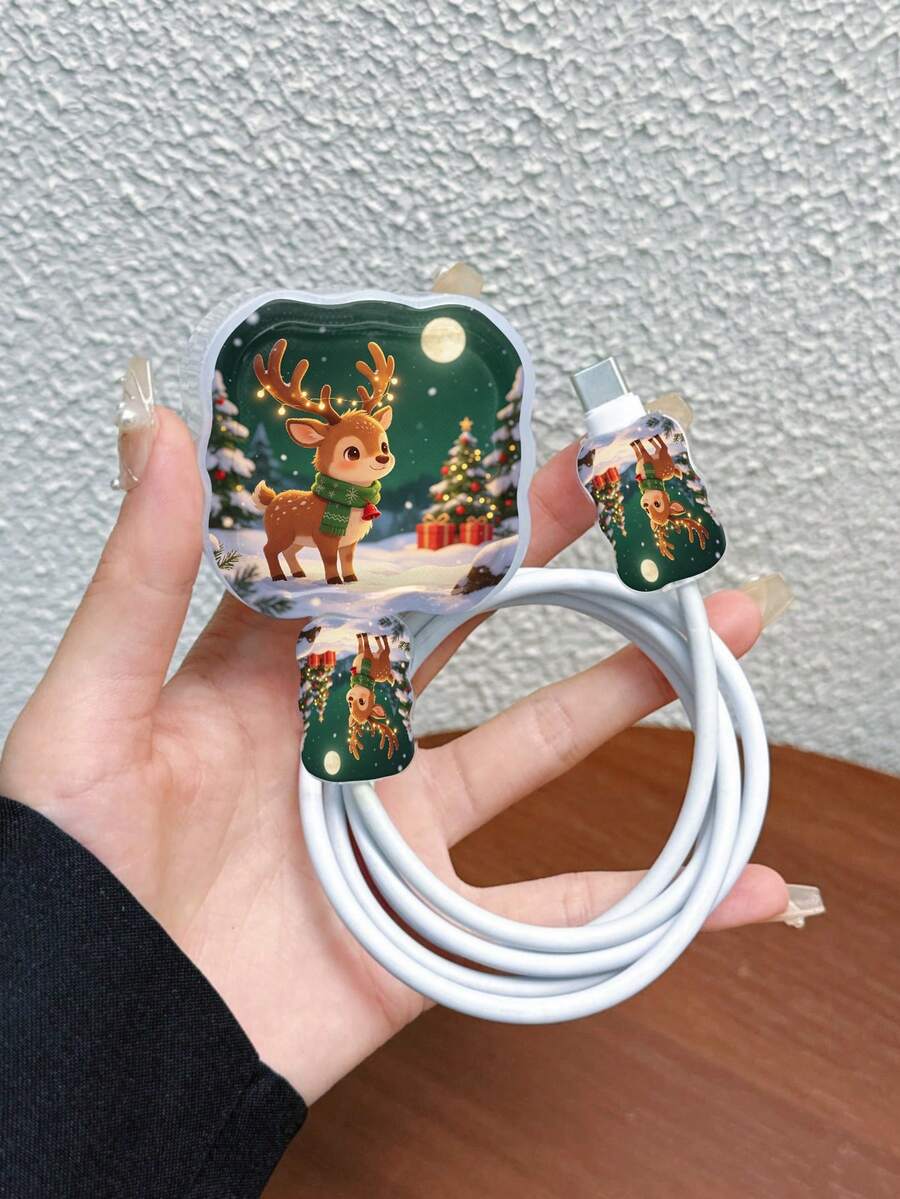 3件組波浪圖案充電線保護套 UV印刷聖誕元素 聖誕樹/雪景/馴鹿/禮物盒/鈴鐺圖案 適用於英國標準 20W Apple充電器保護套 透明防碎蓋 保護手機 3插頭充電器 充電配件 線材保護套 - 彩色 - 查看 1