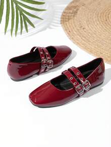 Women's Flat Mary Jane Ballet Shoes With Double Straps And Metal Detail - Burgundy - View 2