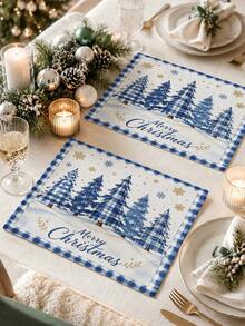 Christmas Table Runner Blue And White Striped Border Watercolor Vintage Blue Truck Snowy Pine Tree Pine Cone Wooden Box Pattern Merry Christmas Lettering Rustic Farmhouse Winter Wonderland Holiday Dining Table Decor Kitchen Party Home Indoor - Multicolor - View 5