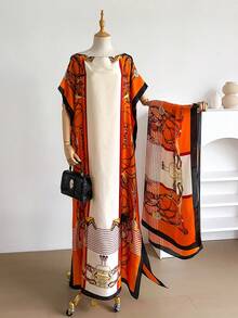 1 Set Faux Silk Minimalist Premium Horse Pattern Print Long Robe Set For Women, Beach Cover-Up Sun Protection Pullover Shawl With Satin Scarf, Perfect For Layering And Daily Wear - Multicolor - View 2