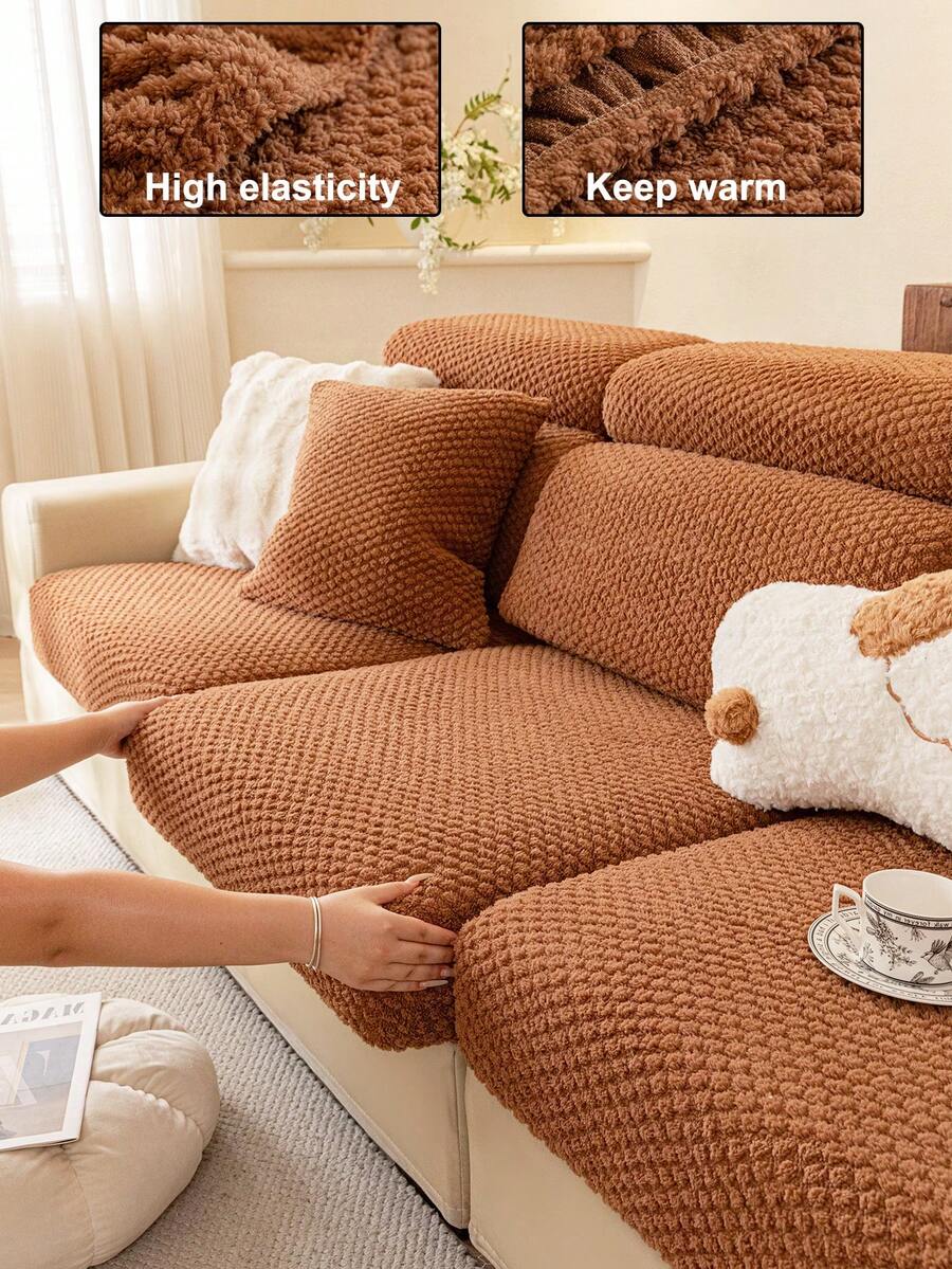 1pc Soft Cotton Velvet Solid Color Sofa Cover, Elastic Stretch Fit, All-Season Warm & Comfortable Minimalist Ins Style Pet-Friendly Non-Slip Elastic Washable Sofa Slipcover, Suitable For L-Shaped 1/2/3/4 Seater Sofa In Living Room, Bedroom, Study - Khaki - View 1