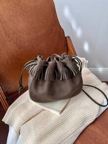Autumn/Winter New Fashion Ruched Faux Suede Bucket Bag Mini Phone Bag Small Square Bag Commuter Style Women's Bag With Tassel - Dark Green - View 7
