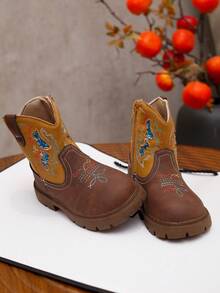 Western Style Embroidered Children's Boots, Mid-Calf Western Boots, Vintage Mid-Calf Boots, Fashionable Comfortable Flat Boots, Suitable For Daily Wear In Autumn And Winter - Brown - View 4
