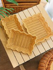 Nampan anyaman rotan imitasi berbagai ukuran dan terdiri dari beberapa bagian, cocok untuk meja minuman dan kopi, serta untuk dekorasi rumah bergaya pedesaan dan penyimpanan, tempat piring, kotak makan siang, berkemah, Natal, dapur. - Model persegi panjang - View 1