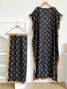 1 Set Faux Silk Minimalist Premium Geometric Floral Print Long Robe Set For Women, Beach Cover-Up Sun Protection Pullover Shawl With Satin Scarf, Perfect For Layering And Daily Wear - Multicolor - View 12