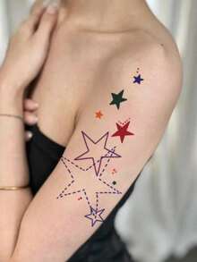 2 Pcs Multicolor Star Temporary Tattoo Stickers, Hollow Outline & Solid Color Stars With Dotted Lines Fake Tattoos, Waterproof Body Art For Upper Arm Forearm - Multicolor - View 3