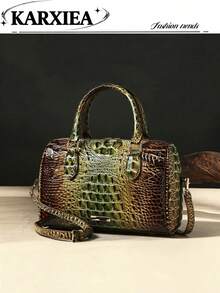 Gradient Crocodile Pattern Boston Handbag For Women, High-End Large Capacity Pillow Bag, Vintage Versatile Shoulder Crossbody Commuter Tote Bag - Green - View 1