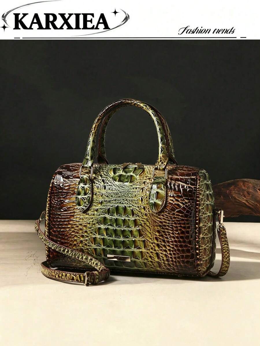 Gradient Crocodile Pattern Boston Handbag For Women, High-End Large Capacity Pillow Bag, Vintage Versatile Shoulder Crossbody Commuter Tote Bag - Green - View 1