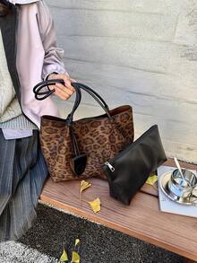 2 Pieces Women's Leopard Print Tote Bag Set, Large Capacity Casual Fashion Shoulder Bag, Street Style, Autumn/Winter, 2026 - Maroon - View 3