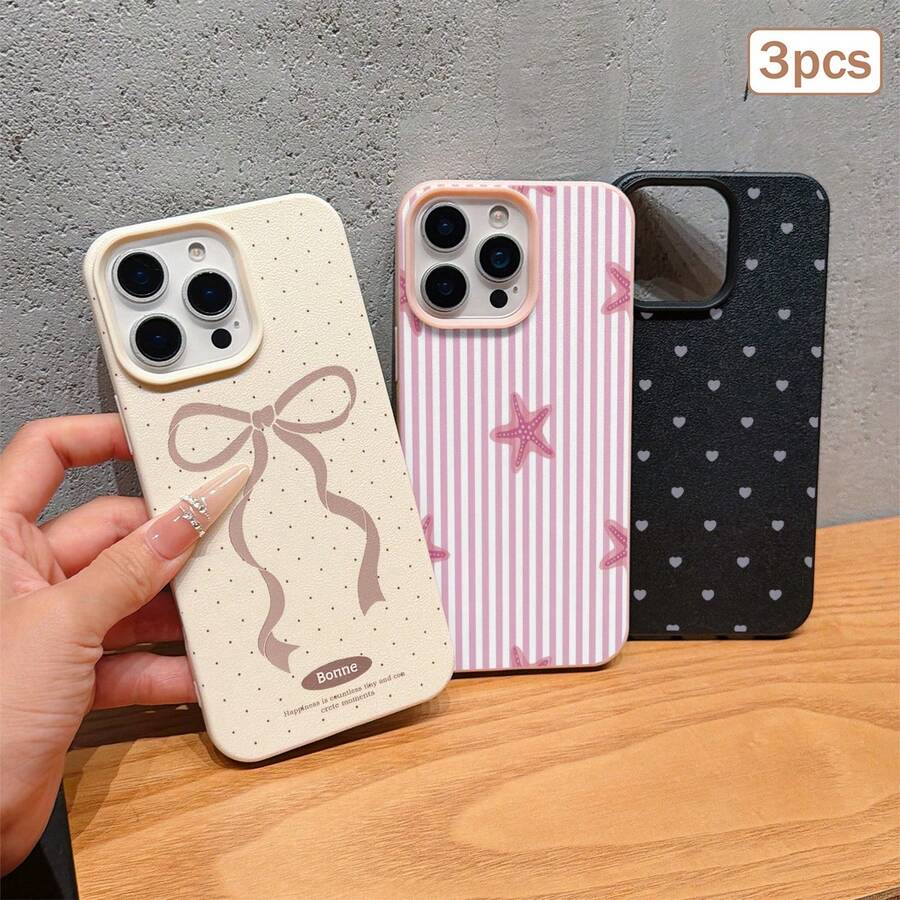 3件裝波點愛心條紋元素 TPU 防震全包覆精準保護殼,適用於 Apple 11/12/13/14/15/16/17 Pro Max - 彩色 - 查看 1