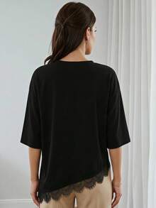 Black Short Sleeve T-Shirt With Asymmetrical Lace Detail - Black - View 3
