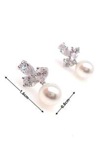 Round Pearl Earrings With Diamonds, Minimalist Style Pearl Studs, Delicate Pearl Earrings, Wedding Accessories, Bridesmaid Gift. - Silver - View 7