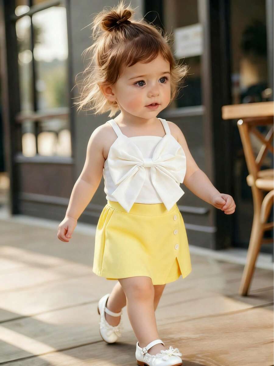 一套可爱的女宝宝夏季两件套服装,包括一件白色无袖上衣(带大蝴蝶结装饰)和一条时尚的黄色裹身裙,舒适透气,适合0-3岁新生儿穿着。 - 白色 - 查看 1