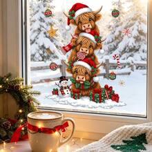 1/3pcs Cute Christmas Highland Cow Window Stickers, Double-Sided Visible PVC Static Cling Glass Decals, Suitable For Winter Holiday Party Window Display - Multicolor - View 7