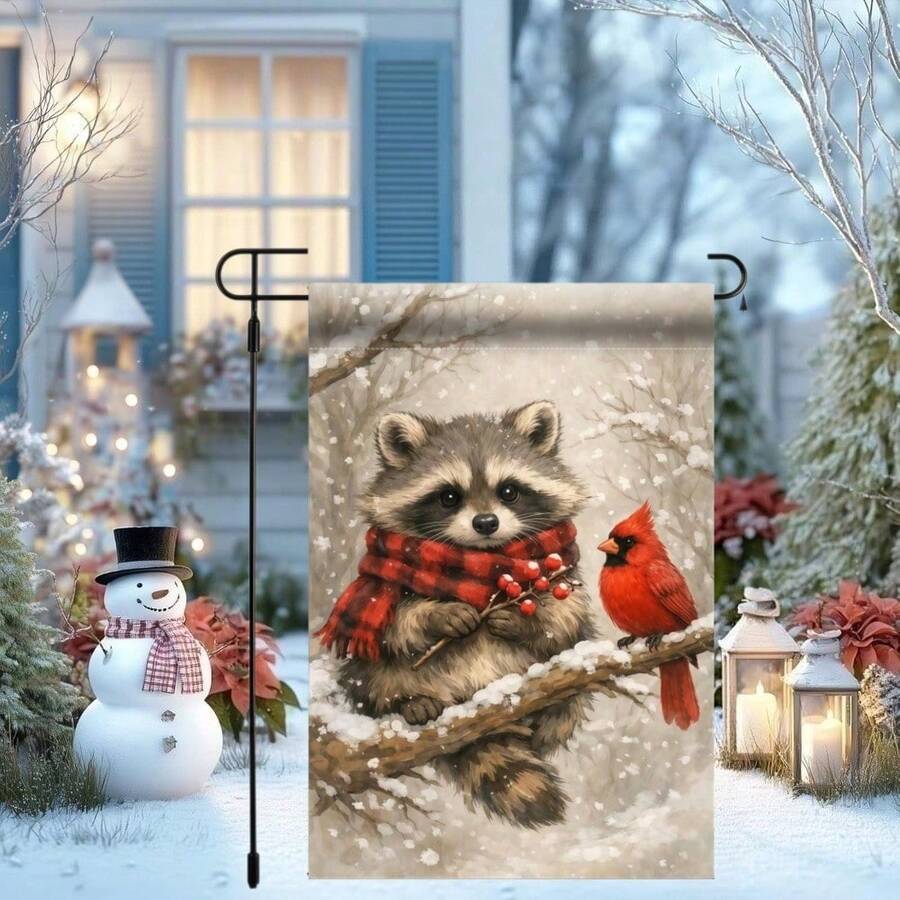 1pc 2D Garden Flag, Winter Cute Raccoon & Red Bird Garden Flag - Single-Sided Print, Durable Polyester Material, Suitable For Home And Yard Outdoor Decoration, Holiday Atmosphere Decor, Size 11.8x17.7 Inches, Flag Pole Not Included