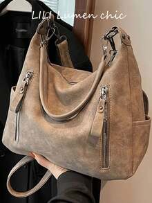 Vintage Distressed Large Capacity Tote Bag, Multiple External Zipper Pockets, Adjustable Extended Shoulder Strap, Casual Relaxed Bag Shape, Ample Internal Storage Space, Can Store Various Personal Items, Suitable For Commuting, Travel, Daily Outings, Creating A Lazy Atmosphere Outfit - Grey - View 8