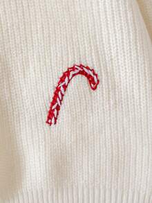 Girls Cute Embroidered Candy Cane Pattern Crew Neck Short Knit Pullover Sweater Long Sleeve Suitable For Christmas Daily Casual Spring Autumn Winter - Apricot - View 5