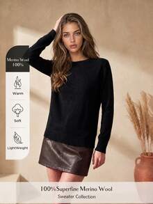 Women's 100% Merino Wool Sweater Autumn Winter Long Sleeve Women's Crewneck Sweater Warm Soft Knitted Pullover Autumn Outfit For Women Winter Clothes - Black and White - View 2