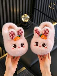 1 Pair Rabbit Girls Slippers Winter Indoor Home Baby Thermal Lined Warm Cute Cartoon Children Slippers Autumn/Winter - Pink - View 2