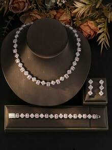 4pcs Luxury Evening Style Copper Material Pink Cubic Zirconia Square Four-Leaf Flower Necklace & Earrings Set, Women's Evening Party Wedding Dress Jewelry - Multicolor - View 2