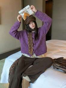 Solid Color Round Neck Cuffed Single-Breasted Knit Cardigan, Casual Commute Lazy Style Sweater Jacket - Purple - View 8