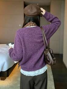 Solid Color Round Neck Cuffed Single-Breasted Knit Cardigan, Casual Commute Lazy Style Sweater Jacket - Purple - View 11