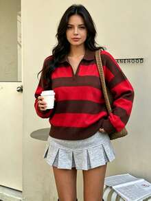 DEEKA Autumn/Winter New Women's European And American Style Fashion Striped Polo Collar Knit Sweater Red Fall - Red - View 1