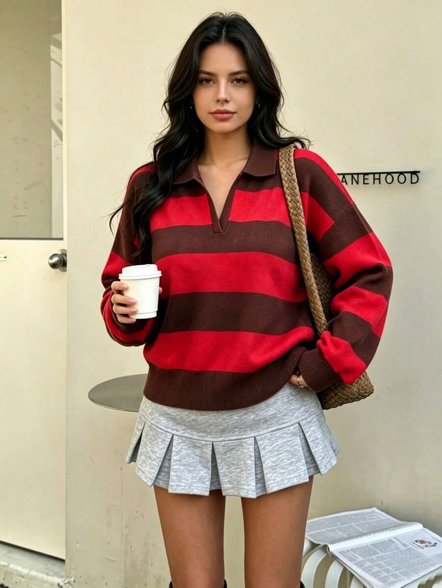 DEEKA Autumn/Winter New Women's European And American Style Fashion Striped Polo Collar Knit Sweater Red Fall - Red - View 1
