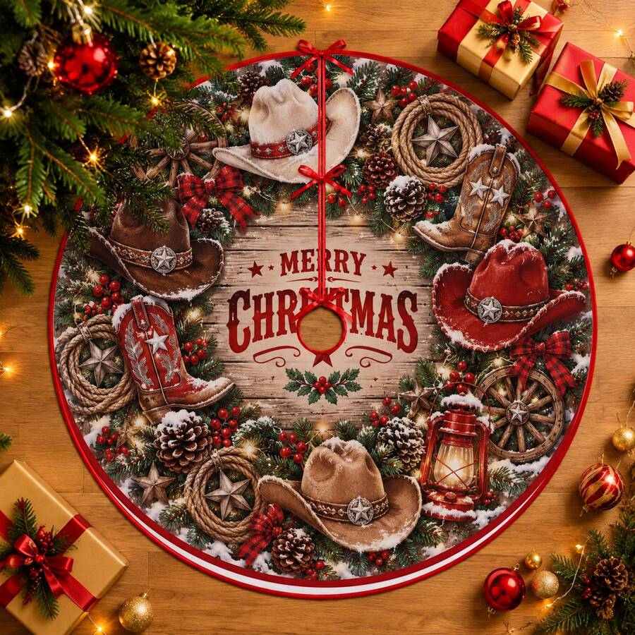 1 buah Rok Pohon Natal Motif Topi dan Sepatu Denim, Dekorasi Liburan Warna Elegan, 5 Ukuran, Hadiah Liburan Unisex, Cocok untuk Dekorasi Rumah dan Pesta Natal - Topi dan sepatu bot koboi di sekitar - View 1