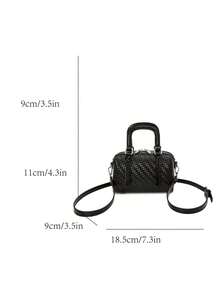 Vintage Woven Pattern Small Boston Handbag, Glossy Chain Crossbody Mini Bag, Commuter Versatile Mini Women's Bag - Black - View 9