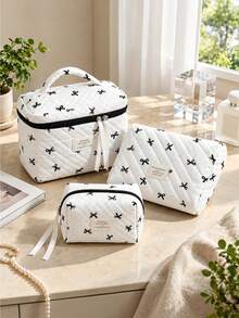 Black Bow Print Quilted Makeup Bag Set, Multi‑Size Zipper Cosmetic Pouch, Portable Travel Toiletry Storage Organizer Bags For Women Daily Use - Multicolor - View 3