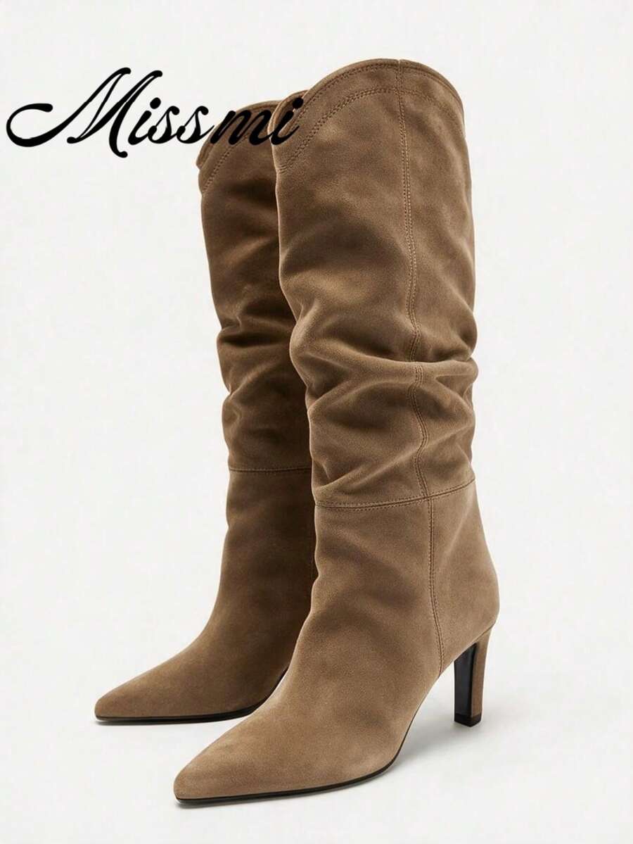 French Blogger Style Pointed Toe Wide Shaft Knee-High Boots, Nordic Kitten Heel Riding Boots For Women, Ins Fashion - Khaki - View 1