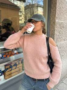 Autumn/Winter Open Shoulder Solid Color Crew Neck Sexy Pullover Sweater - Pink - View 1