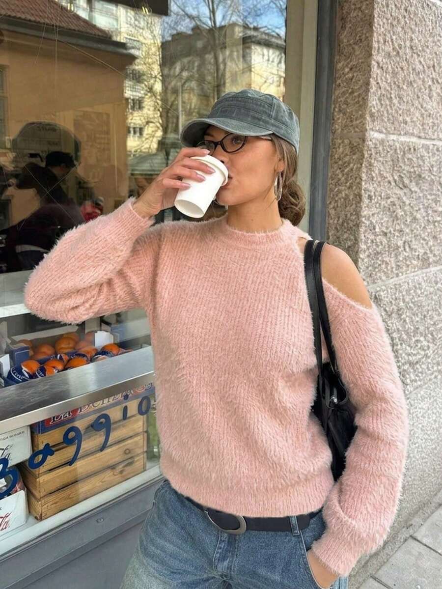 Autumn/Winter Open Shoulder Solid Color Crew Neck Sexy Pullover Sweater - Pink - View 1