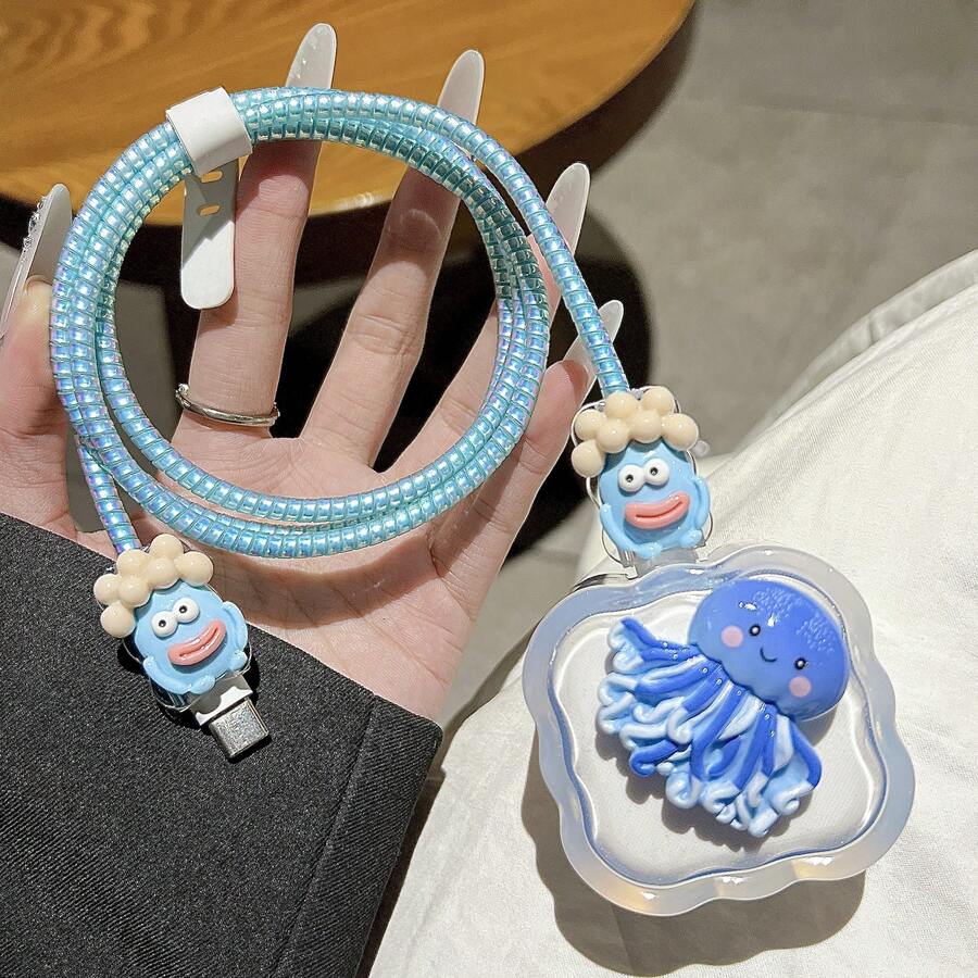 5Pcs/Set Cute Ocean Jellyfish Decor Charger Protective Kit, Shockproof Soft Shell, Anti-Break Cable Sleeve Compatible With UK Standard 20W Apple Charger, Gift For Boyfriend & Girlfriend