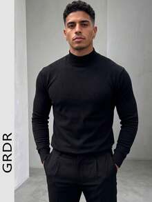 GRDR Men's Autumn/Winter Casual Minimalist Solid Color Mock Neck Sweater - Black - View 9