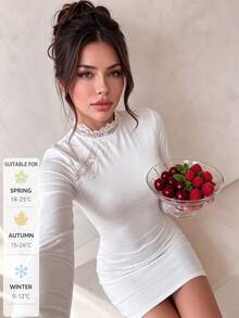 SUNSTORY Women's Autumn White Lace Trim Mock Neck Long Sleeve Ruched Fitted Bodycon Mini Skirt, Suitable For Dating, Party, Daily Outings, Back To School Dance - White - View 1